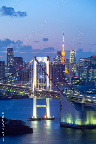 Twillight view of Tokyo Bay   Rainbow bridge and Tokyo Tower landmark