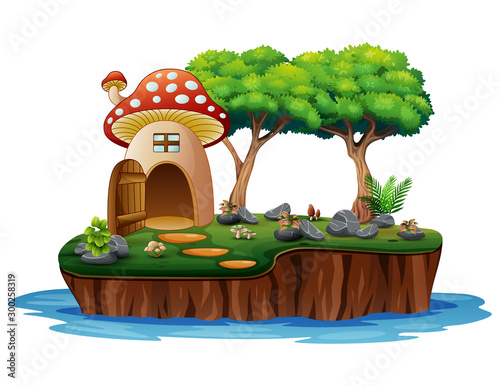 Cartoon of a mushroom house on island
