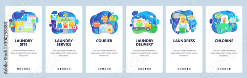 Mobile app onboarding screens. Online laundry service, delivery, ccleaning, washing clothes. Menu vector banner template for website and mobile development. Web site design flat illustration