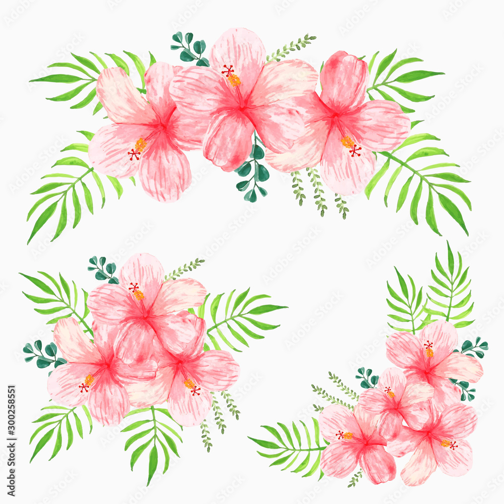 Obraz premium Watercolor flower bouquet collection with pink hibiscus