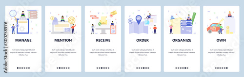 Mobile app onboarding screens. Business management, email notification, folders organization. Menu vector banner template for website and mobile development. Web site design flat illustration