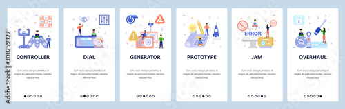 Mobile app onboarding screens. Computer error, hardware repair, prototype, VR concole, gaming controller. Vector banner template for website and mobile development. Web site design flat illustration