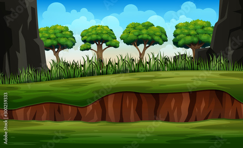 Cartoon nature landscape with plant and trees