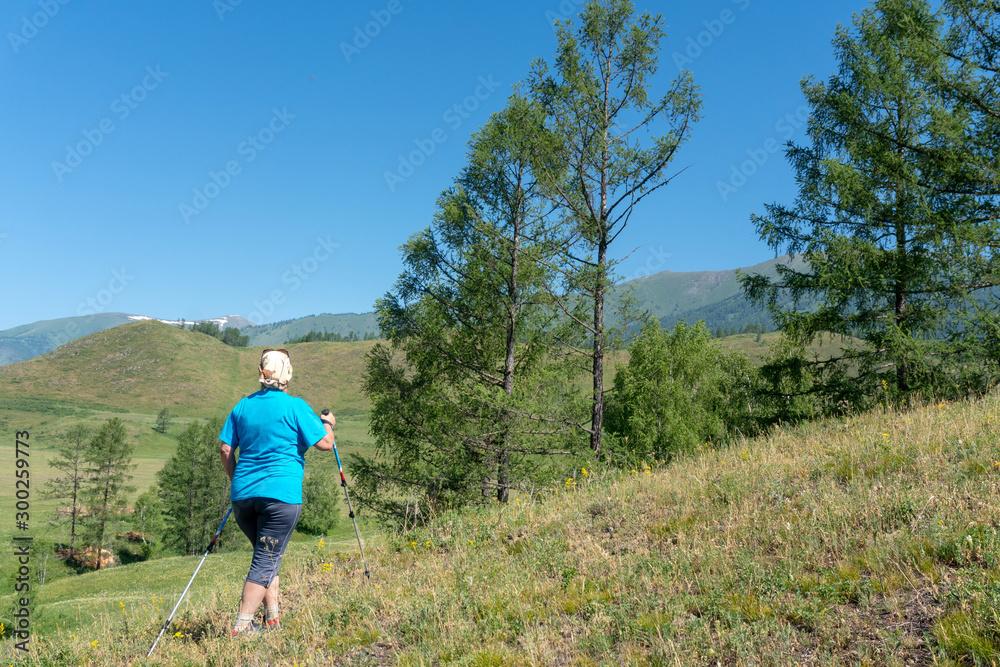 A grown woman on a walk with Scandinavian walking sticks. The concept of a healthy lifestyle at any age. A grown woman on a walk with Scandinavian walking sticks. The concept of a healthy lifestyle at any age.