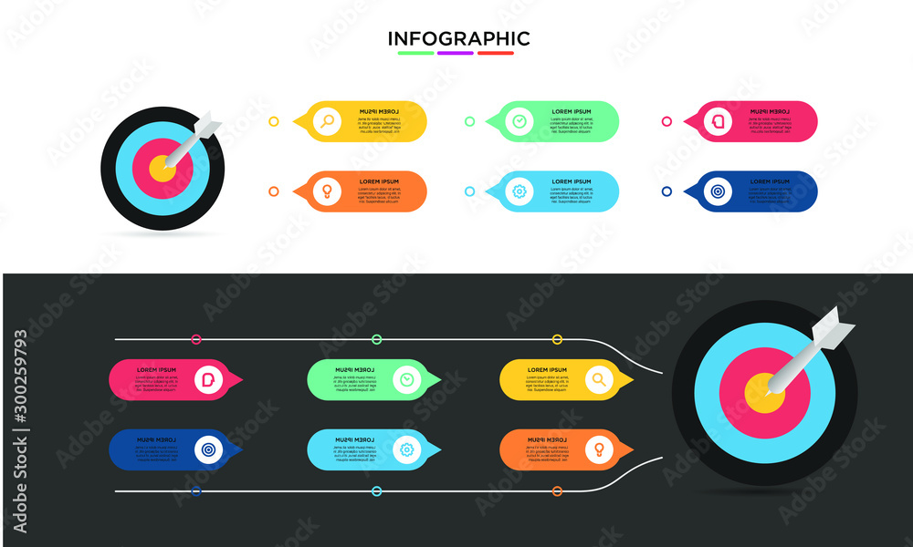 Six 6 Options infographic with shot target icon. step chart workflow element Plan Slide Template with isolated background theme Six 6 Options infographic with shot target icon. step chart workflow element Plan Slide Template with isolated background theme