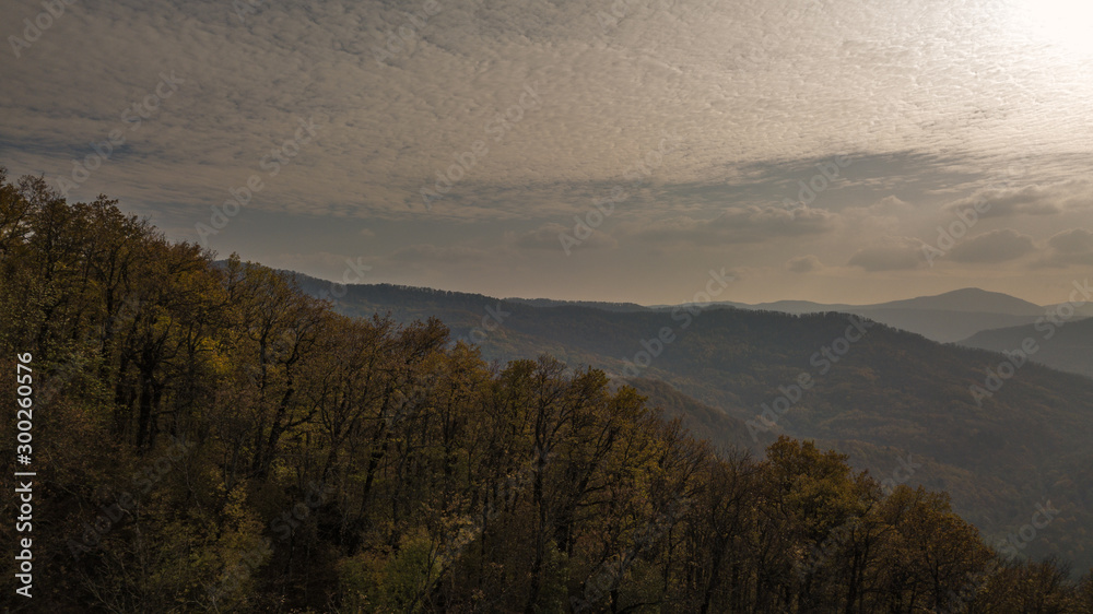 pre-sunset mountain landscape on an autumn day with light haze and cirrus clouds in the sky. Hilly mountains overgrown with deciduous forest before winter