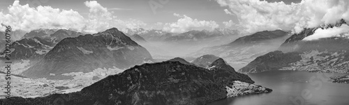 Switzerland  black and white panoramic view on green Alps and lake Lucerne