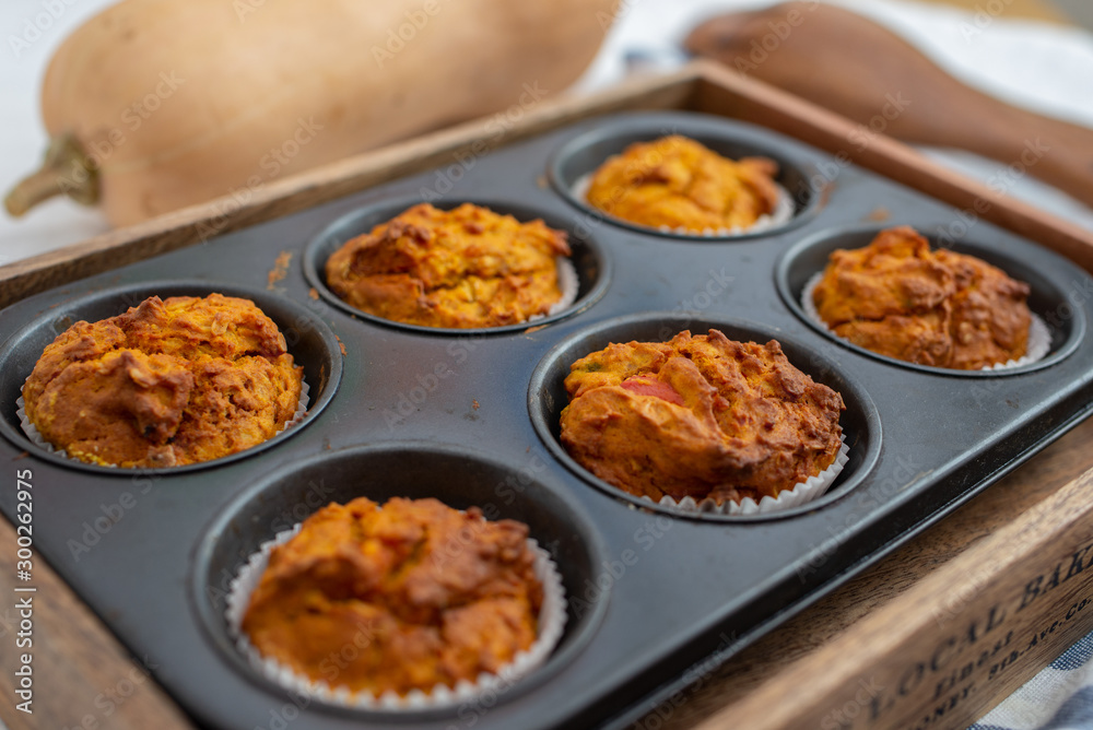 Home made Autumn Pumpkin Spice Muffins on a table Home made Autumn Pumpkin Spice Muffins on a table