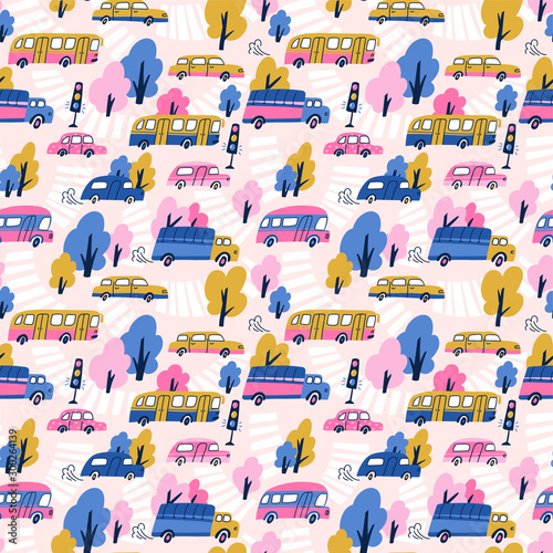 City cars, tractors and publish vehicles transport.Vector seamless pattern. Traffic jam. Cute baby boy design for fabric, wallpaper or wrap paper. photo