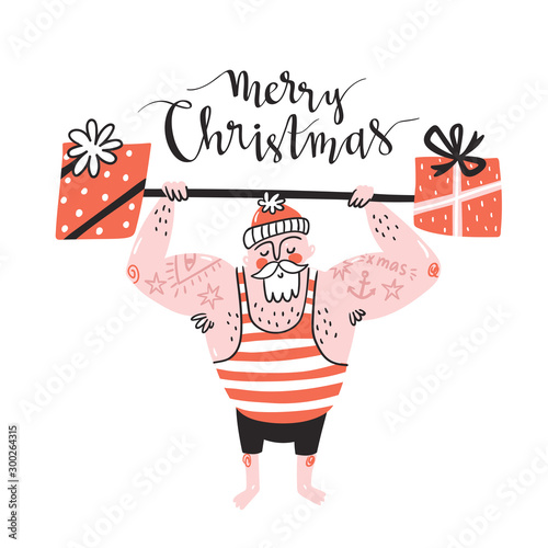 Christmas sale poster with Santa Claus and gift boxes. Funny Santa greeting card with lettering - Merry Christmas.