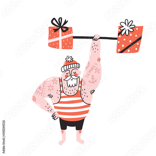 Christmas sale poster with Santa Claus and gift boxes. Funny Santa greeting card. Vector illustration.