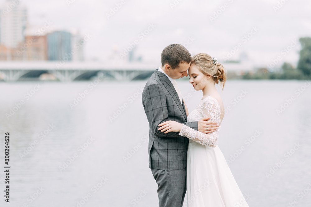 Modern ceremony in European style. Beautiful wedding couple on the background of the city. Modern ceremony in European style. Beautiful wedding couple on the background of the city.