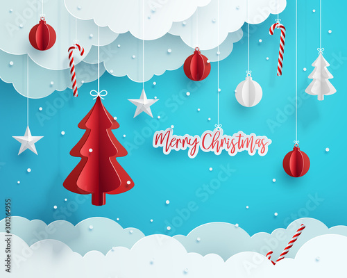 Christmas greeting card design. Paper decoration and clouds against blue background.  Vector Illustration