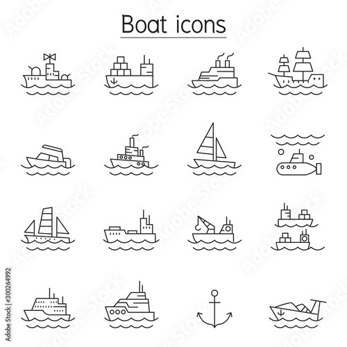 Boat icons set in thin line style