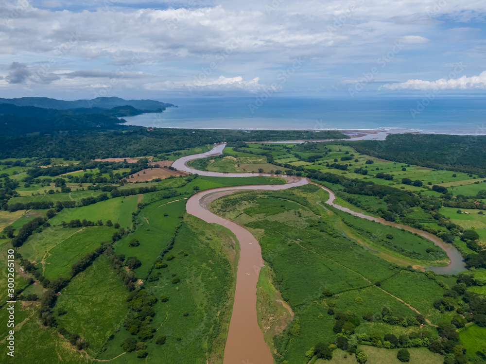 Beautiful aerial view of the Tempisque river with crocodiles in Costa Rica