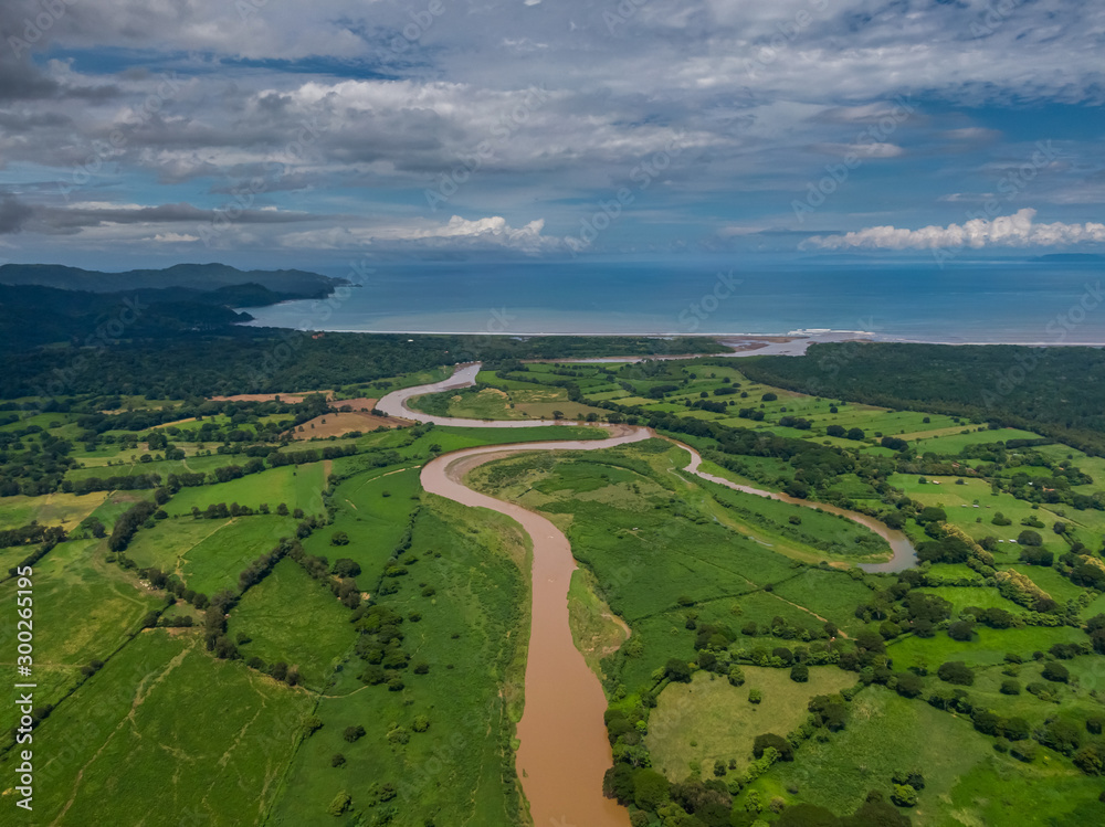 Beautiful aerial view of the Tempisque river with crocodiles in Costa Rica