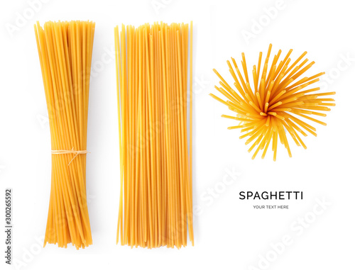Creative layout made of spaghetti on the white background. Flat lay. Food concept. Spaguetti on the white background. photo