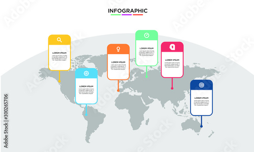 Six 6 Options infographic with world map background icon. step chart workflow  element Plan Slide Template with isolated background theme