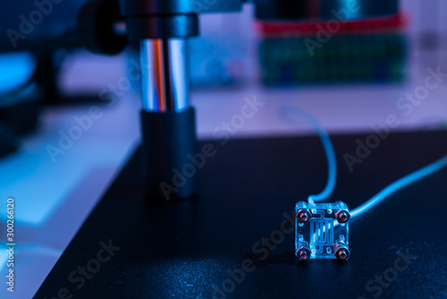 Organ-on-a-chip (OOC) - microfluidic device chip that simulates biological organs that is type of artificial organ. Prototype of design lab-on-a-chip in microfluidic laboratory photo