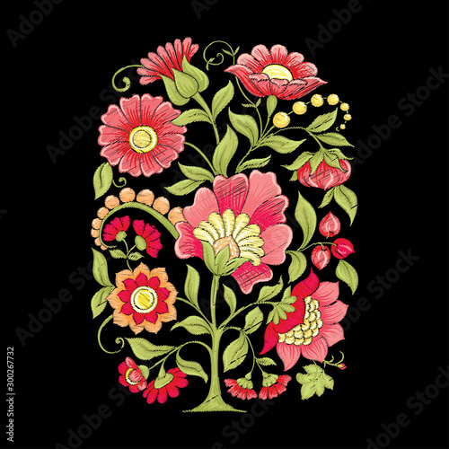 Tradition mughal motif, fantasy flowers in retro, vintage style. Element for design. Embroidery imitation. Vector illustration. Isolated on black background
