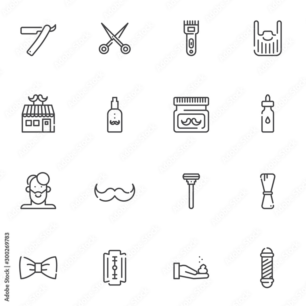 Barber shop line icons set. linear style symbols collection, outline signs pack. vector graphics. Set includes icons as razor, scissors, moustache balsam, shaving machine, shave cream, hairdresser Barber shop line icons set. linear style symbols collection, outline signs pack. vector graphics. Set includes icons as razor, scissors, moustache balsam, shaving machine, shave cream, hairdresser