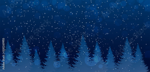 Christmas and New Year banner with place for text. Winter night forest with falling snow. Cute and magical dark blue forest with Christmas trees. Flat stock vector design