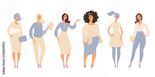 Set of different cute female characters in modern casual clothes. Standing women with books, laptops. The concept of training, education, business, teamwork, friendship, sisterhood. Vector flat stock 