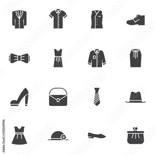 Women's clothing vector icons set, modern solid symbol collection, filled style pictogram pack. Signs, logo illustration. Set includes icons as dress, skirt, retro hat, shoes, jacket, ladies handbag