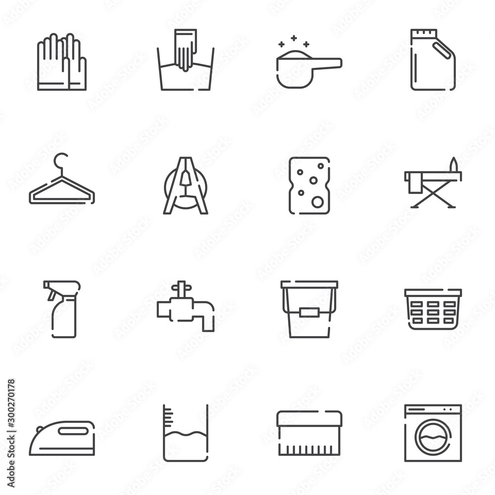 Laundry line icons set. linear style symbols collection, outline signs pack. vector graphics. Set includes icons as rubber gloves, detergent bottle, ironing, water tap, bucket, washing machine, soap Laundry line icons set. linear style symbols collection, outline signs pack. vector graphics. Set includes icons as rubber gloves, detergent bottle, ironing, water tap, bucket, washing machine, soap