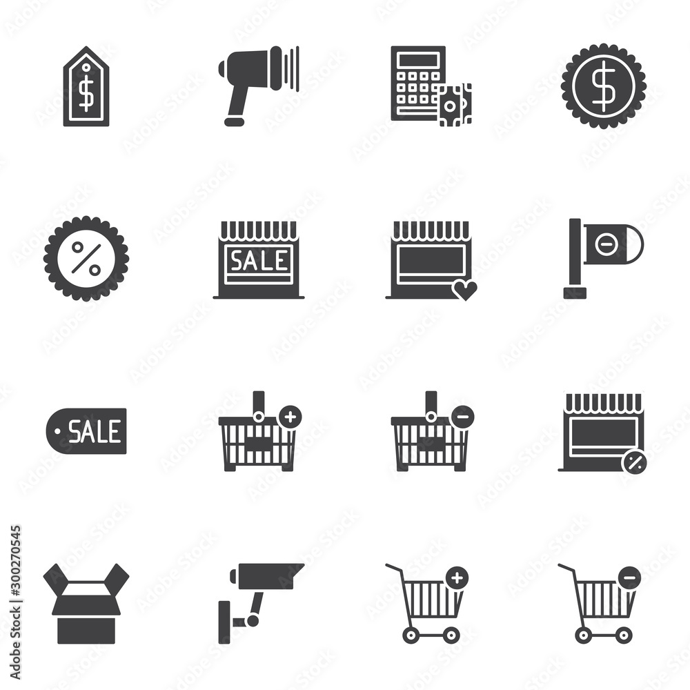 Shopping vector icons set, modern solid symbol collection, filled style pictogram pack. Signs, logo illustration. Set includes icons as price tag, sale badge, shopping basket, store, percent discount Shopping vector icons set, modern solid symbol collection, filled style pictogram pack. Signs, logo illustration. Set includes icons as price tag, sale badge, shopping basket, store, percent discount