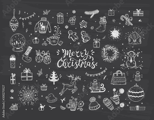 Merry Christmas. Holiday Vector Big Set of Hand Drawn Doodle Christmas decorations with hand lettering calligraphic. Xmas greeting Card Template. Happy Winter Holidays poster. New year