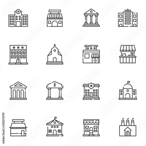 City buildings line icons set. linear style symbols collection, outline signs pack. vector graphics. Set includes icons as urban infrastructure, hospital, storefront, library, courthouse, bank, hotel