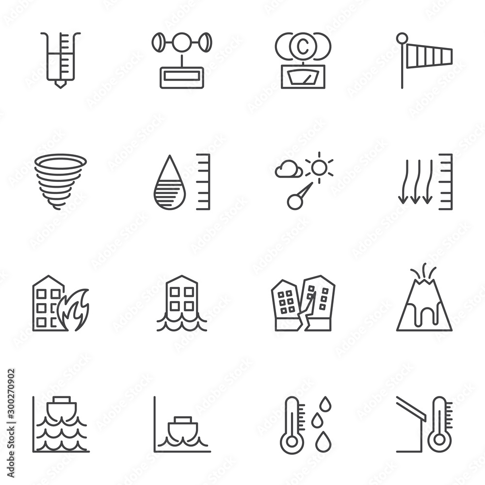 Naklejka premium Natural Disaster line icons set. linear style symbols collection outline signs pack. vector graphics. Set includes icons as weather forecast, tornado, volcano eruption, earthquake, flood, tsunami
