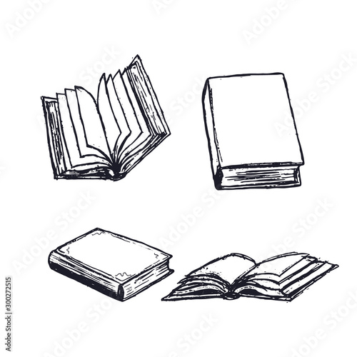 Books hand drawn. Open diary, library textbook with empty pages isolated on white background. Closed notebook or book. Literature reading.