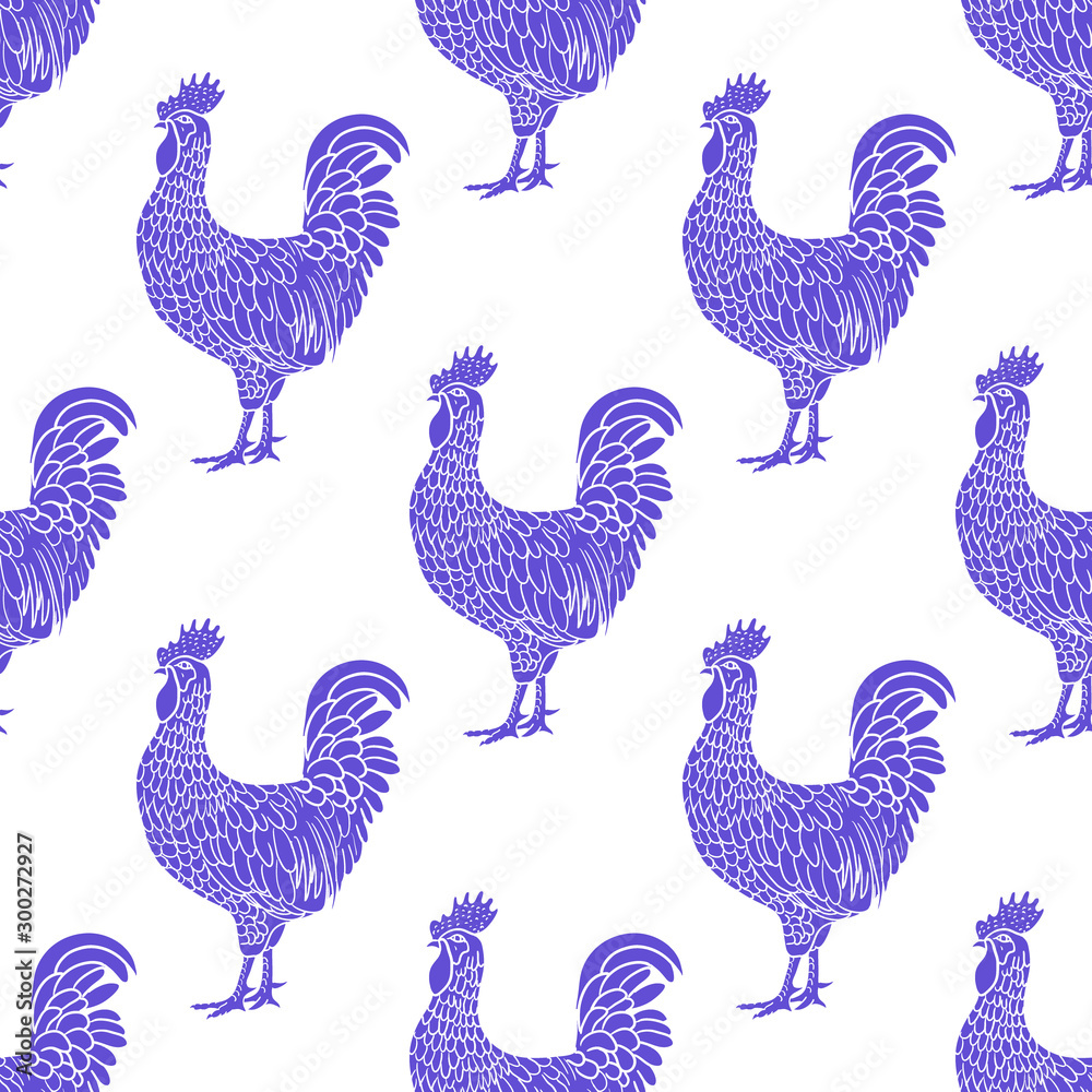 Obraz premium Rooster Pattern. Hen or chicken hand drawn with contour lines on white background. Elegant monochrome drawing of domestic farm poultry bird. Vector