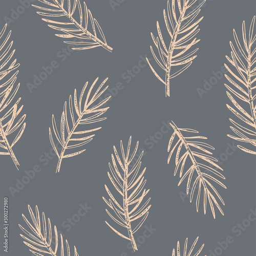 Hand drawn Christmas seamless pattern. Vector background with conifer branches.