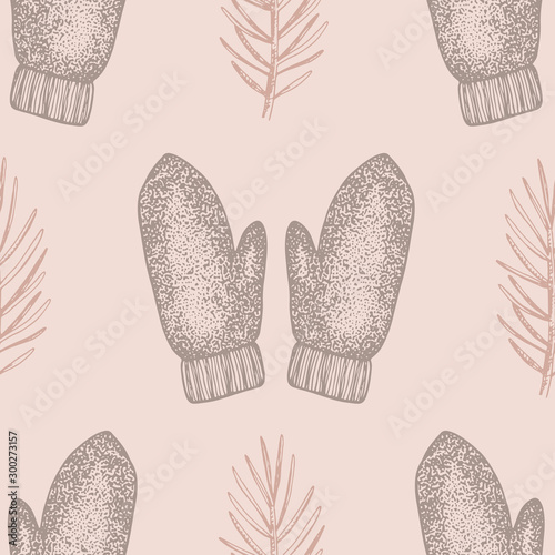 Hand drawn mittens seamless pattern. Winter vintage vector background