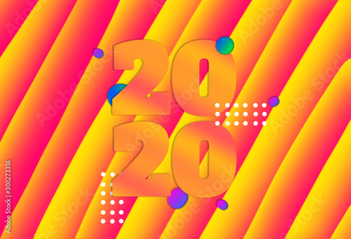 Christmas and New Year concept. 2020 card with fluid and liquid effect. Bright yellow pink gradient as background. Pop art style greeting card.