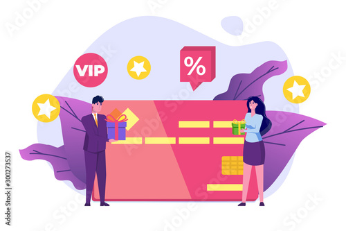 Man and woman with gift.  Loyalty card program concepts. Flat vector illustration.