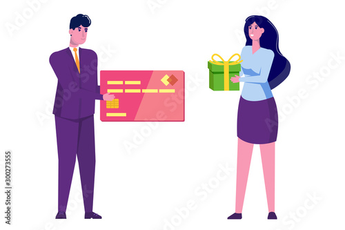 Man giving credit card and woman with gift.  Loyalty card program concepts. Flat vector illustration.