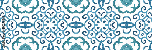 Antique portuguese tiles. Blue Azulejos ceramic. Spanish pottery..Sicily italian majolica. Vintage ethnic background . Mediterranean watercolor seamless wallpaper. Moroccan ornaments in indigo colors