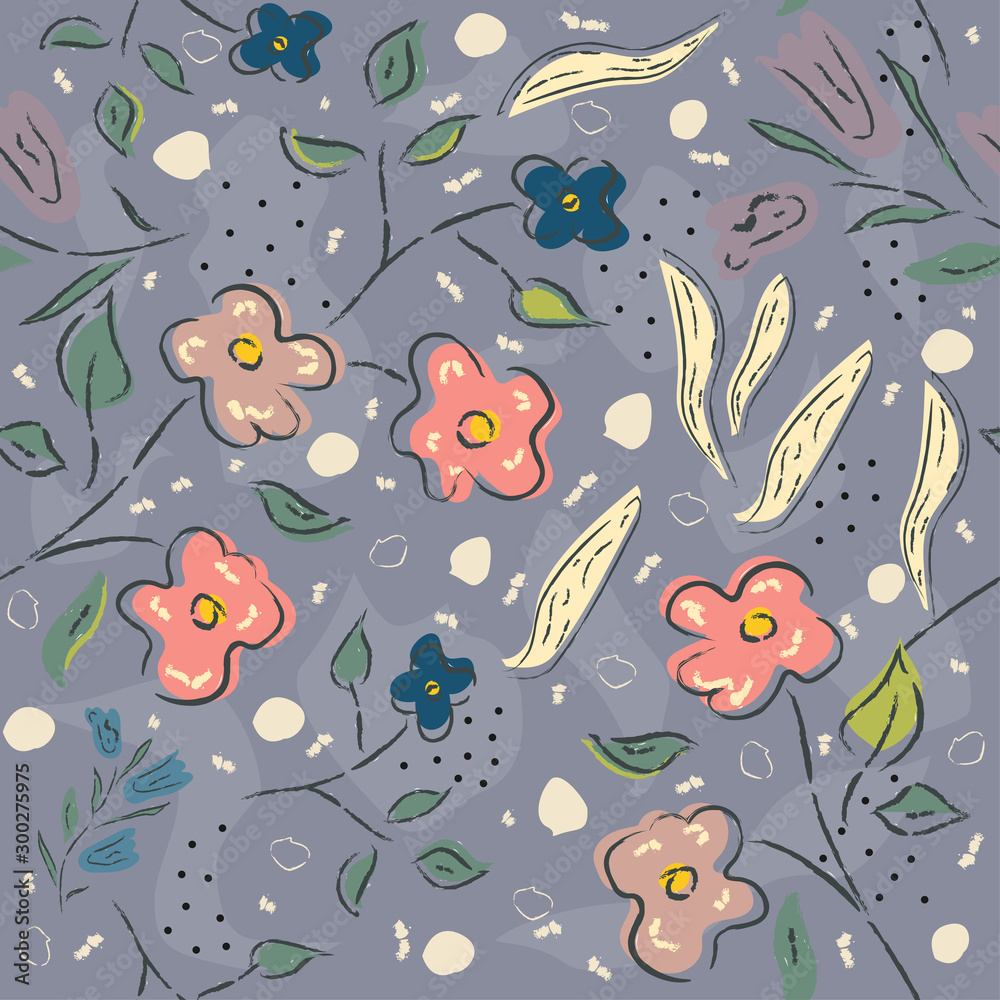 Hand Drawn Pattern with flowers, plants Hand Drawn Pattern with flowers, plants