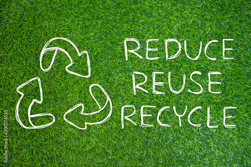 Wallpaper Mural Reduce - Reuse - Recycle symbol hand drawing with green nature background. Torontodigital.ca