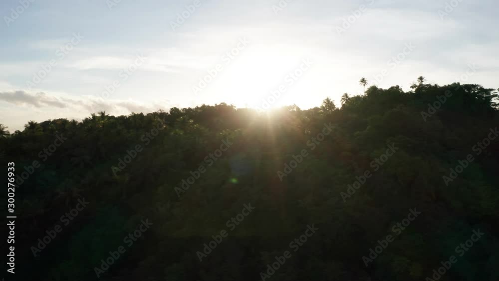 Stunning aerial of bright shining sun over rainforest Stunning aerial of bright shining sun over rainforest