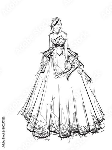 Beautiful young woman in an evening dress. Hand drawn fashion girl. Fashion model posing. Sketch. Vector illustration of a girl in dance in an evening dress.