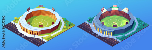 Set of isolated day and night stadiums for cricket game. Building with grass field and illuminated floodlit or spotlight. Isometric construction for cricketer sport play. Lawn and green ground, pitch