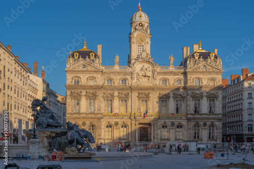 Lyon, France - 10 26 2019: Place des Terreaux and the Bartholdi Fountain under construction