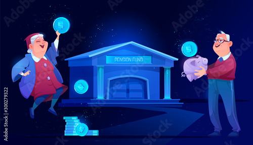 Pension fund plan and bank savings. Senior man with money piggy bank and old woman holding huge coin happy for retirement and getting superannuation. Grandparents safety. Cartoon vector illustration