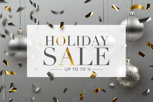 Holiday Sale background, banner, frame, header, or poster design with Confetti and Christmas ornaments. Vector Illustration.  