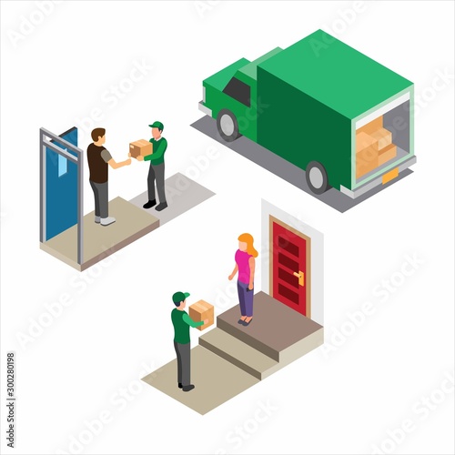 courier package delivery, online shop with green uniform isometric illustration vector 